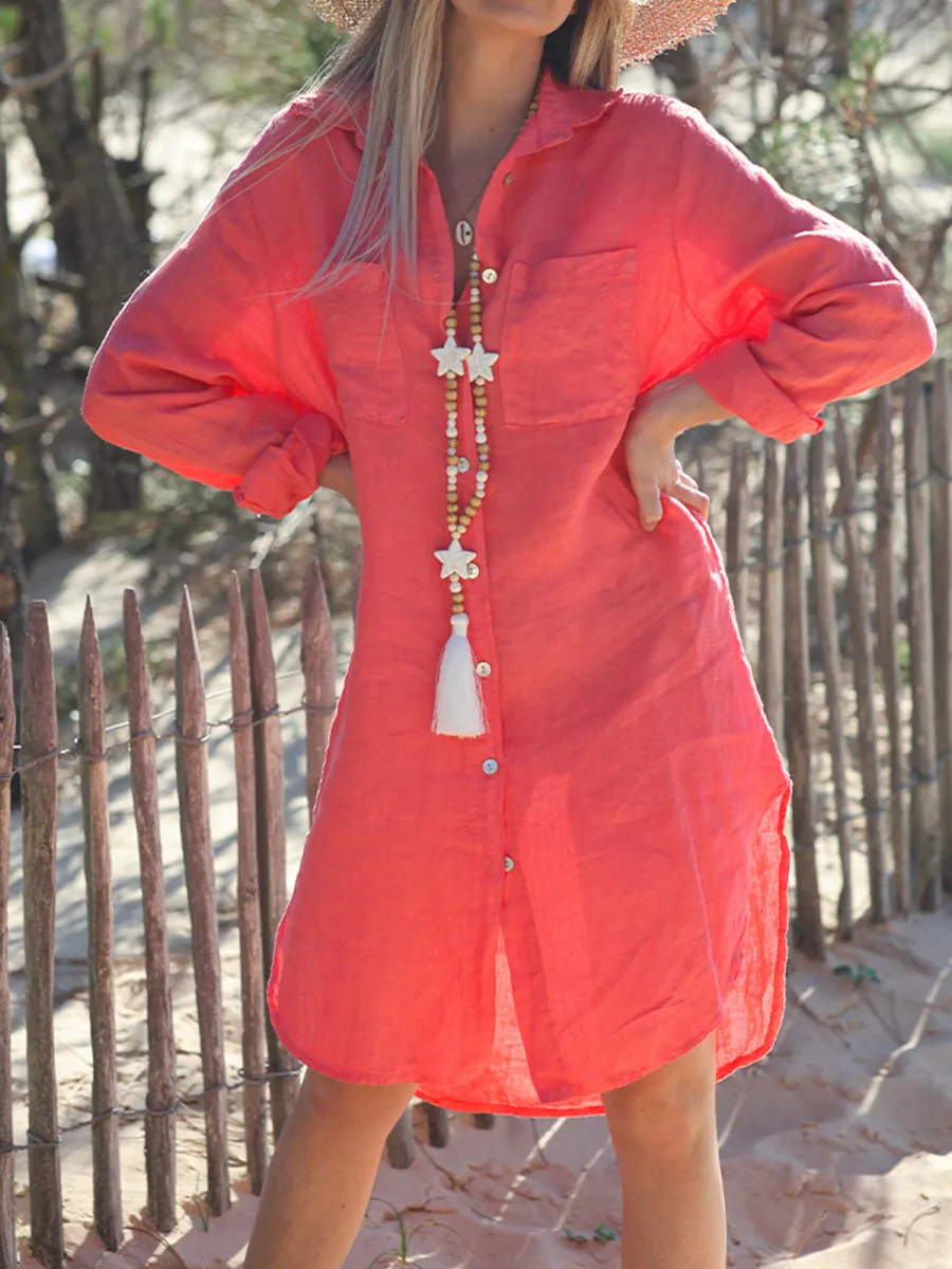 Shirt Collar Solid Color Comfortable Long Sleeve Dress
