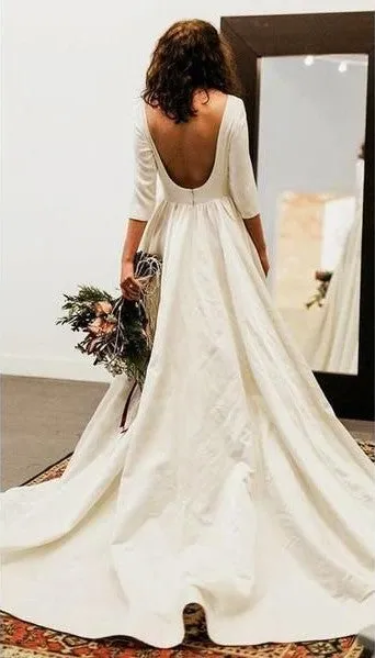 Simple Half Sleeve Backless Wedding Dress