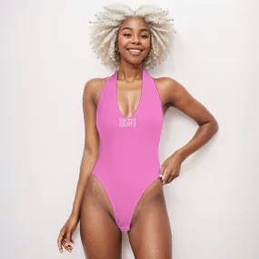 Sixty Eight 93 Logo White Pink Women's Backless V-Neck Skinny Bodysuit