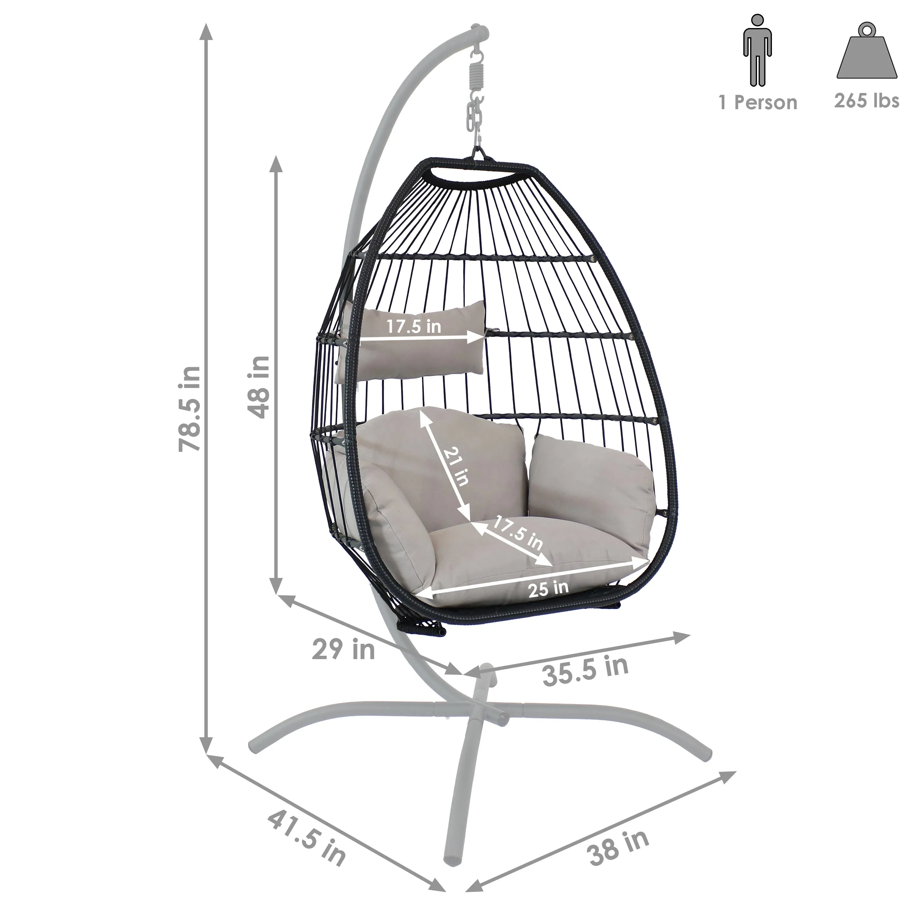 Sunnydaze Oliver Resin Wicker Egg Chair and Stand - Gray Cushions
