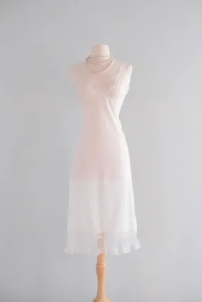 Sweetest 1950's White Sheer Lace Vintage Slip Dress with Pleated Hem / Sz M