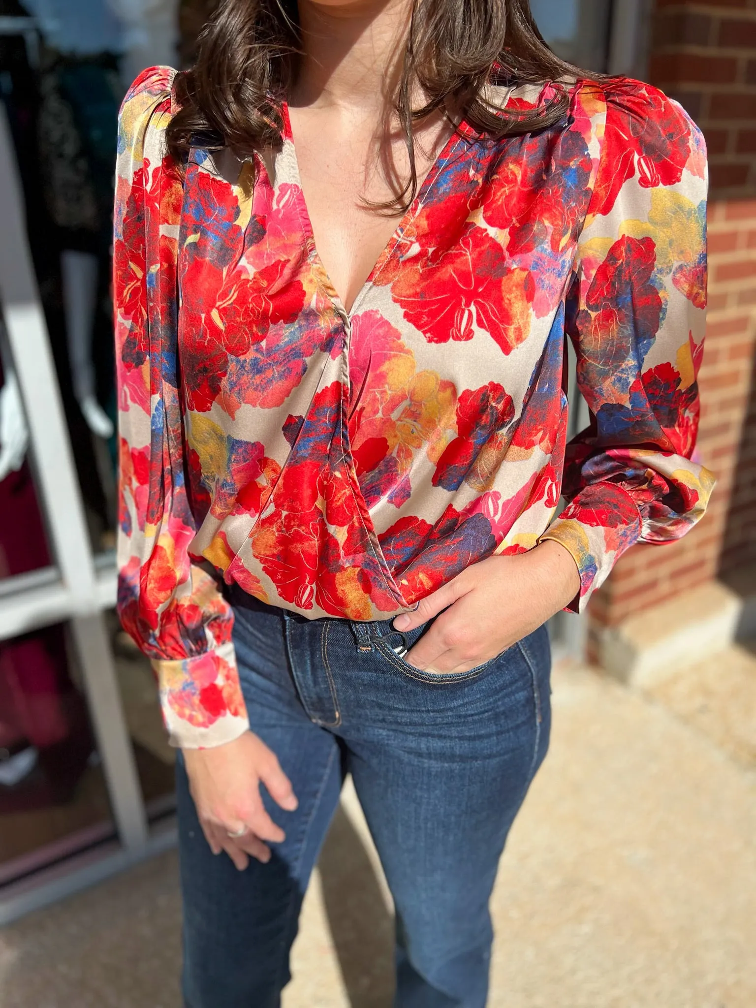 Swept Away Red Floral Long Sleeve Bodysuit