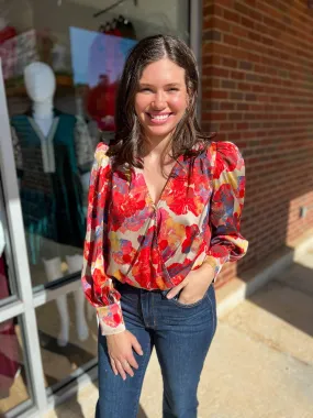 Swept Away Red Floral Long Sleeve Bodysuit