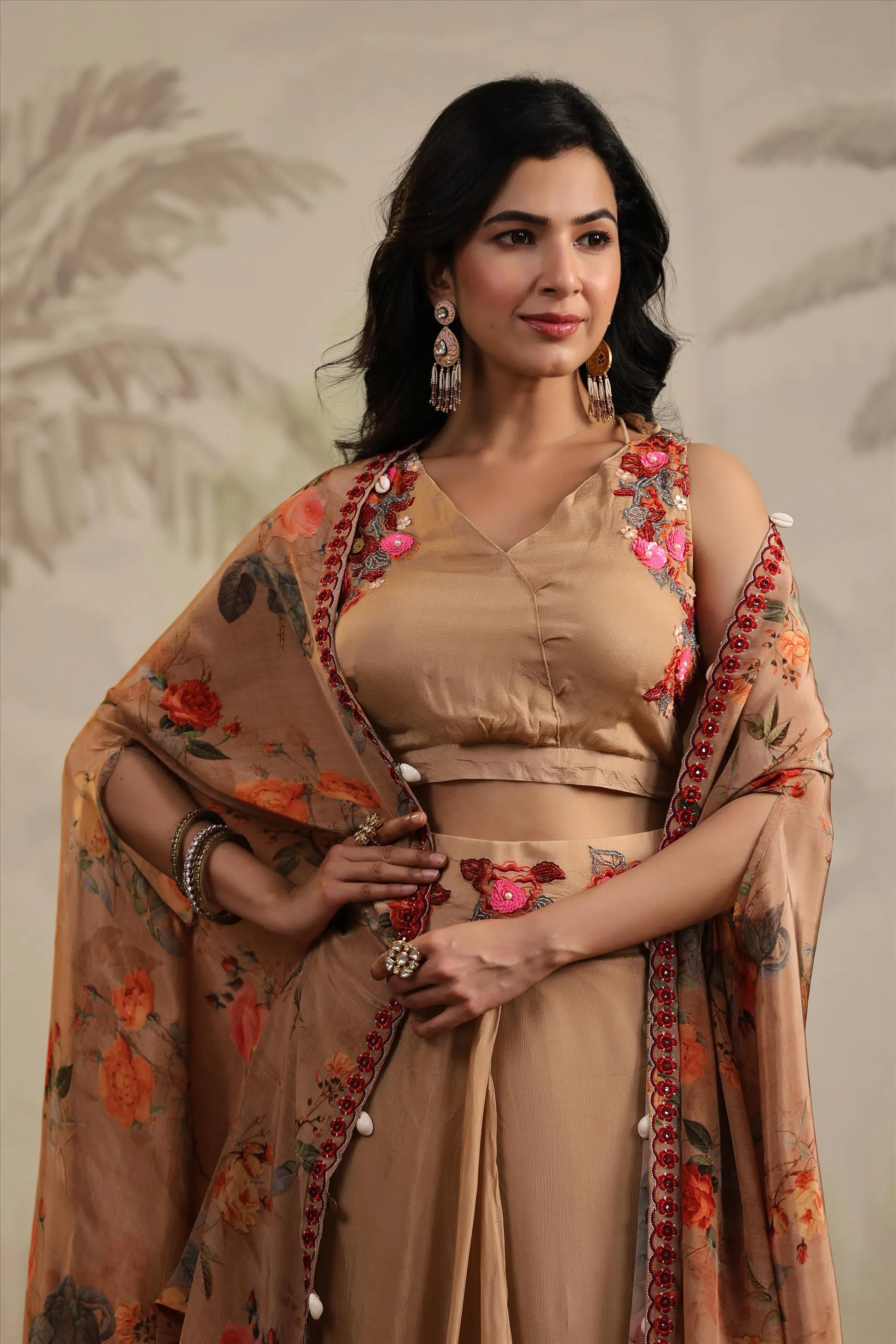 Taupe Chinon Silk Printed & Embroidered Drape Skirt Set With Cape