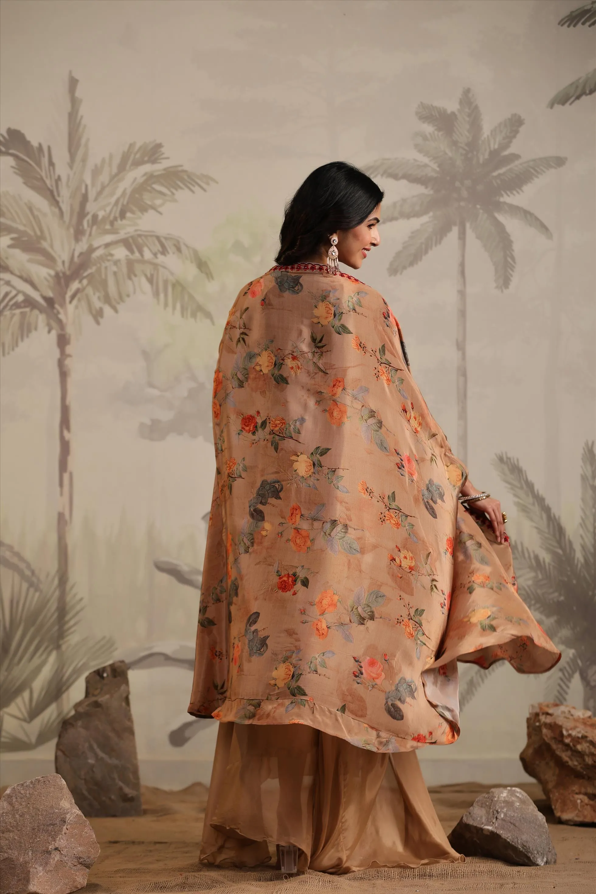 Taupe Chinon Silk Printed & Embroidered Drape Skirt Set With Cape
