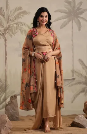 Taupe Chinon Silk Printed & Embroidered Drape Skirt Set With Cape