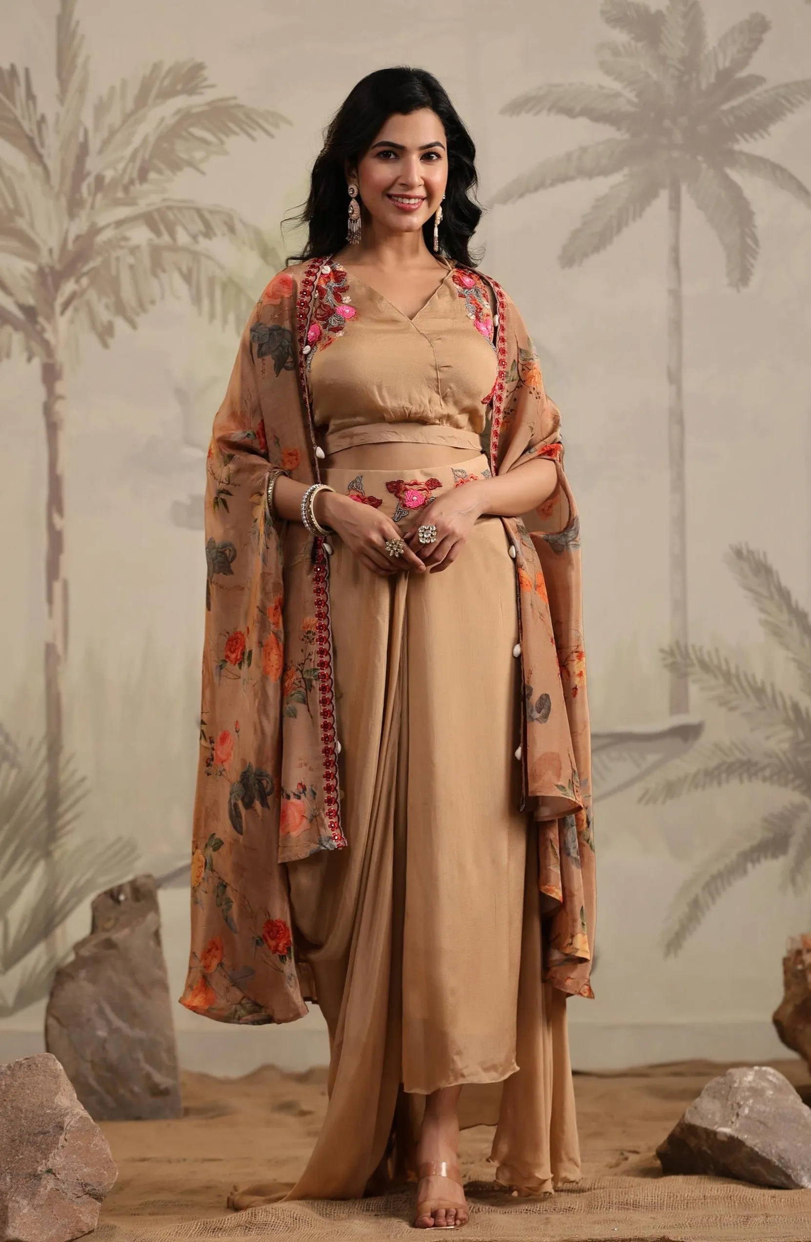 Taupe Chinon Silk Printed & Embroidered Drape Skirt Set With Cape