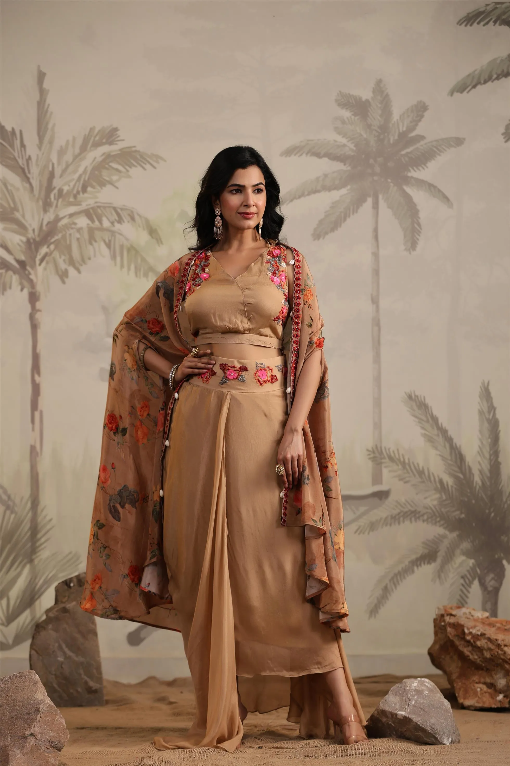 Taupe Chinon Silk Printed & Embroidered Drape Skirt Set With Cape