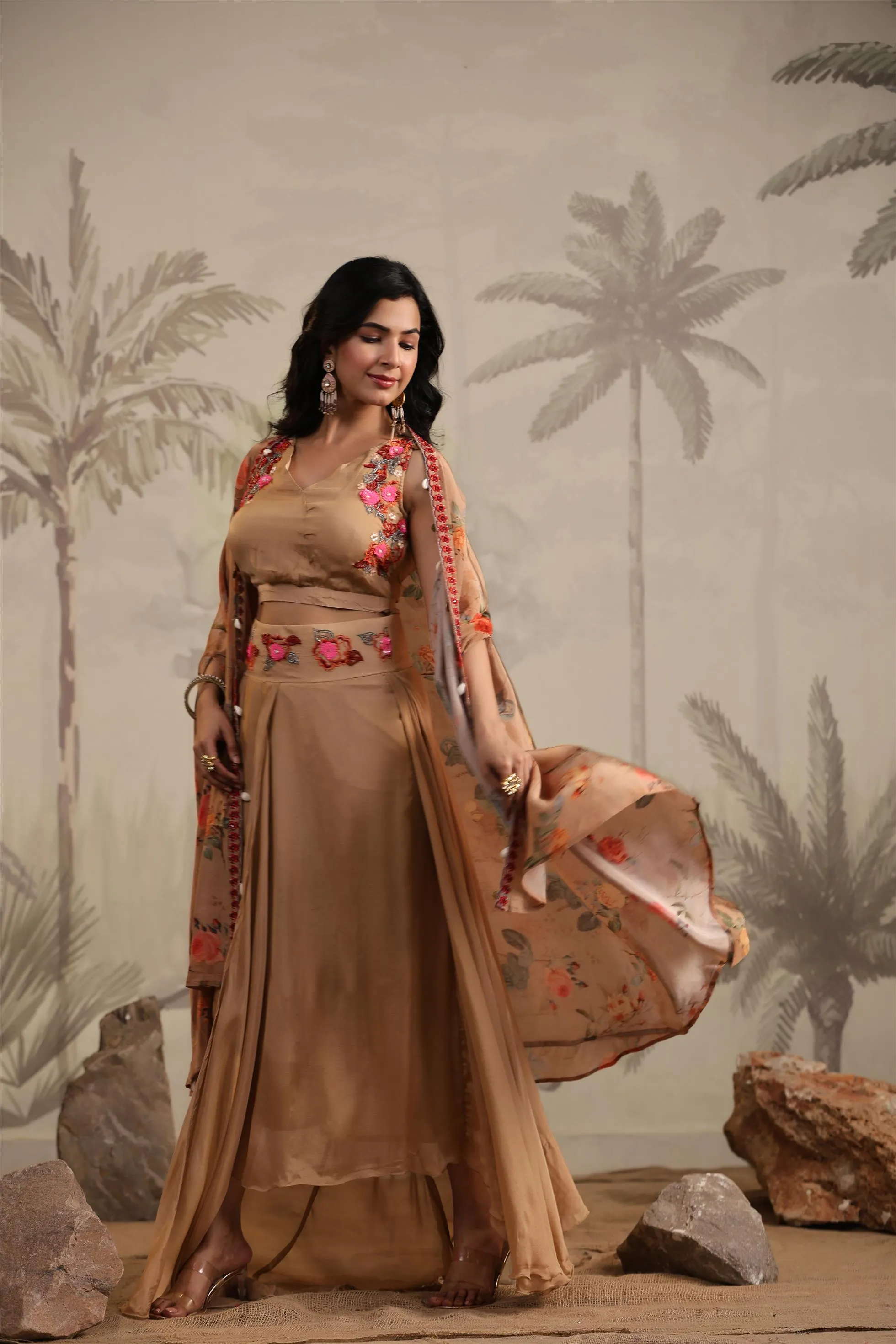 Taupe Chinon Silk Printed & Embroidered Drape Skirt Set With Cape