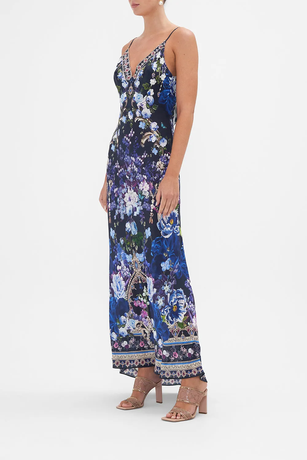 V NECK BIAS SLIP DRESS WITH BACK FRILL OBSIDIAN BLOOM
