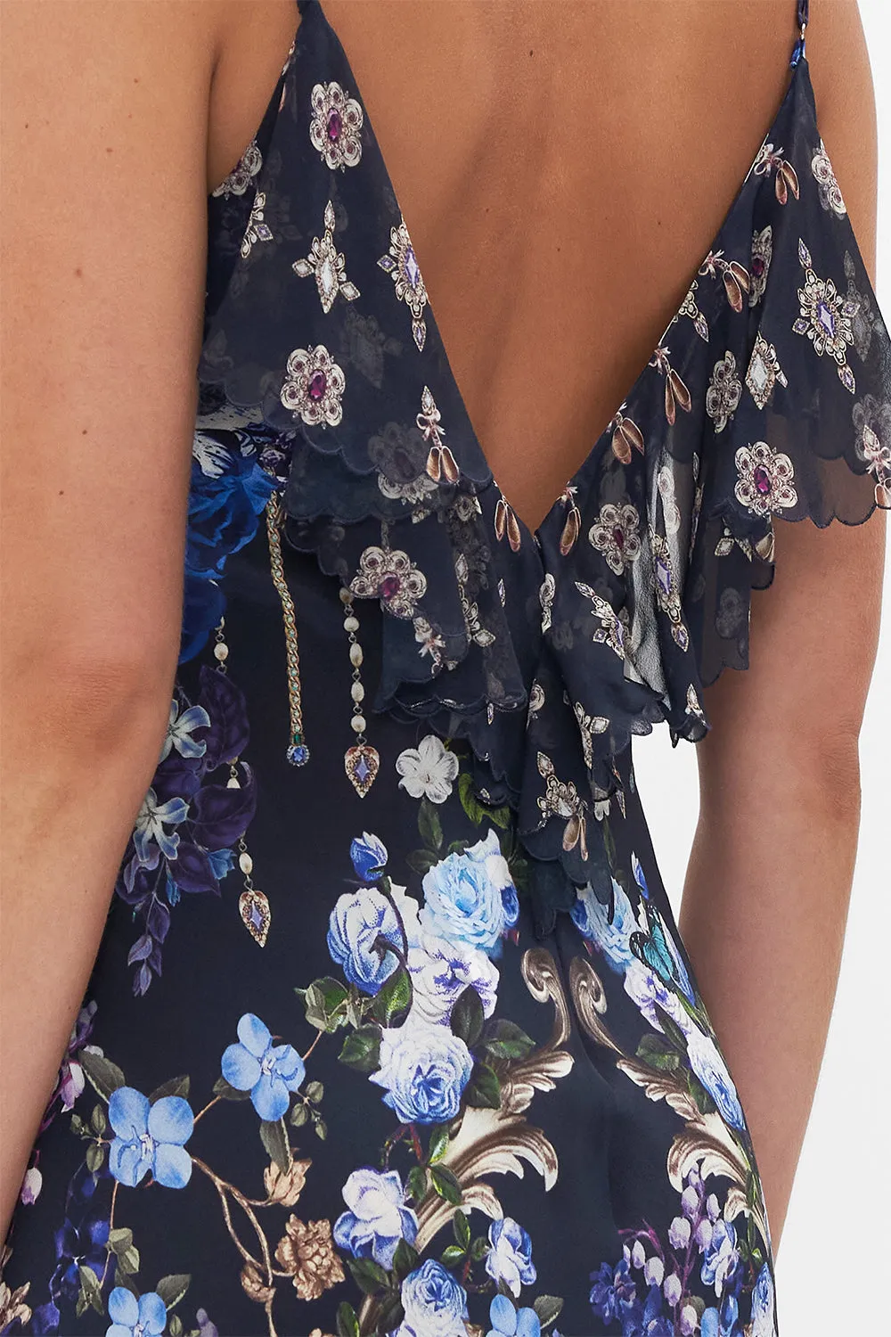 V NECK BIAS SLIP DRESS WITH BACK FRILL OBSIDIAN BLOOM