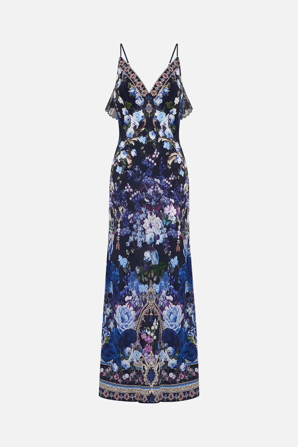 V NECK BIAS SLIP DRESS WITH BACK FRILL OBSIDIAN BLOOM