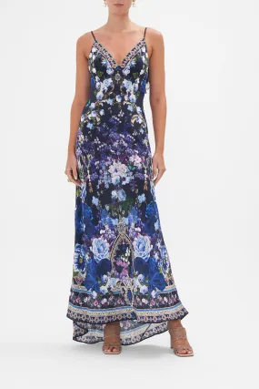 V NECK BIAS SLIP DRESS WITH BACK FRILL OBSIDIAN BLOOM