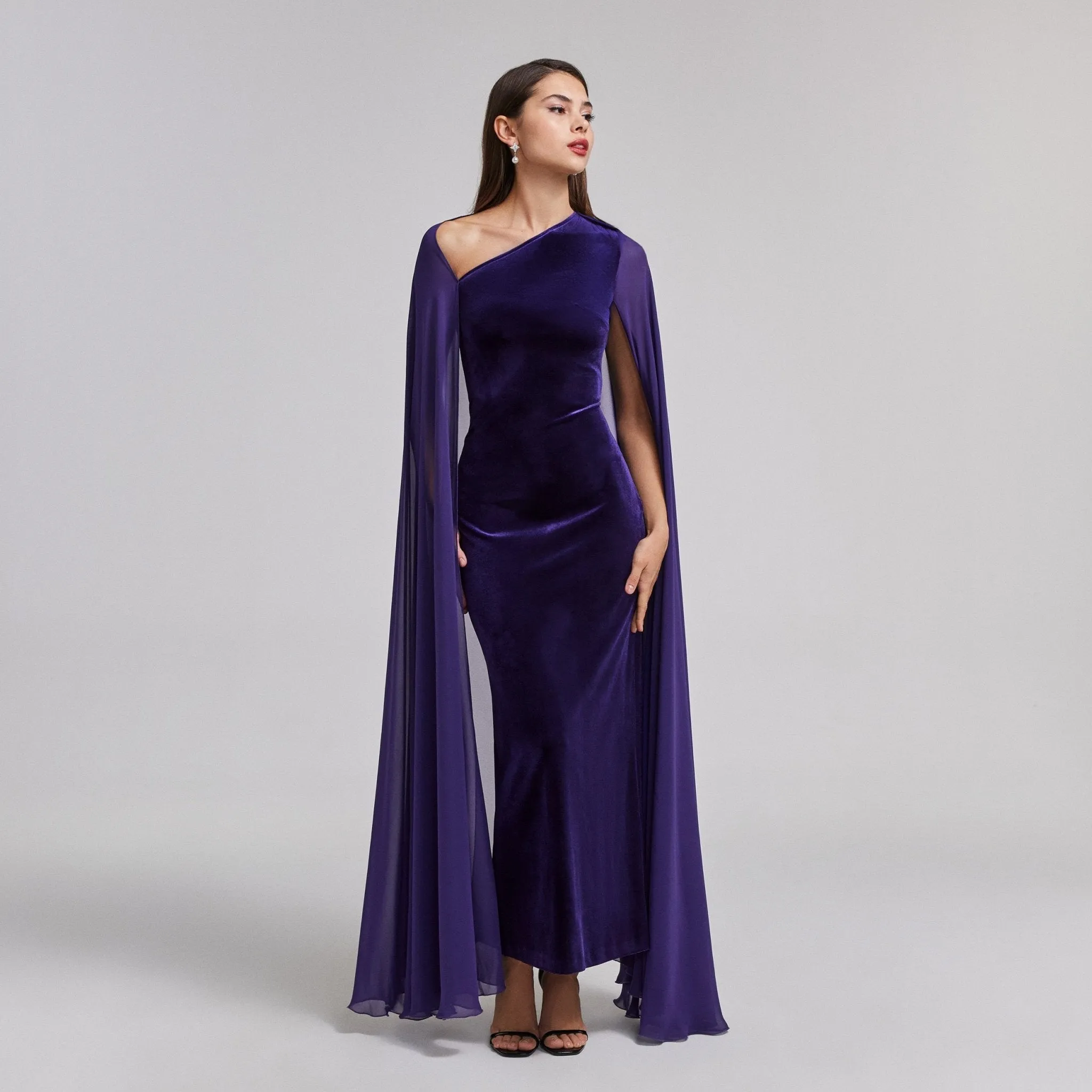 Velvet Maxi Dress with Chiffon Cape