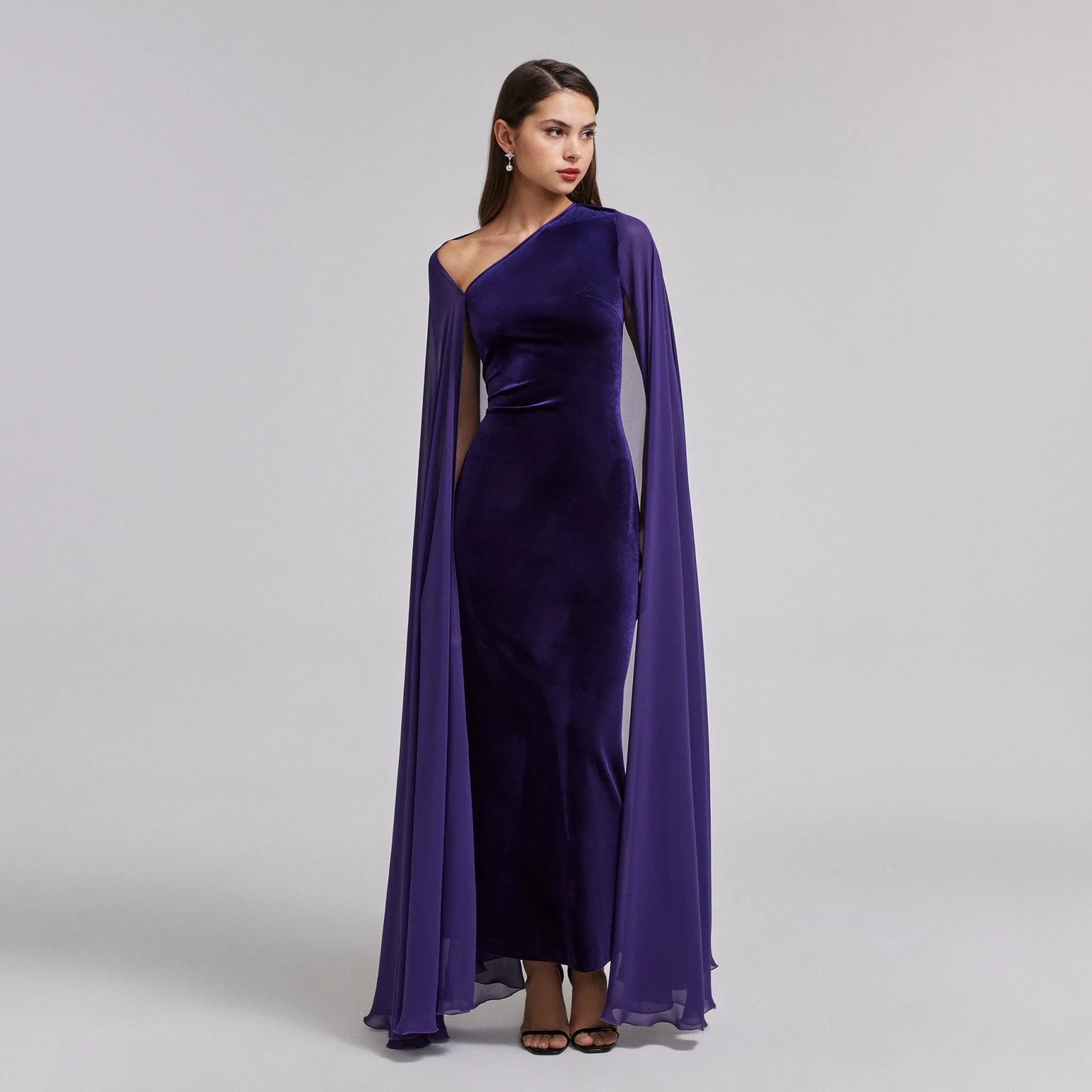 Velvet Maxi Dress with Chiffon Cape