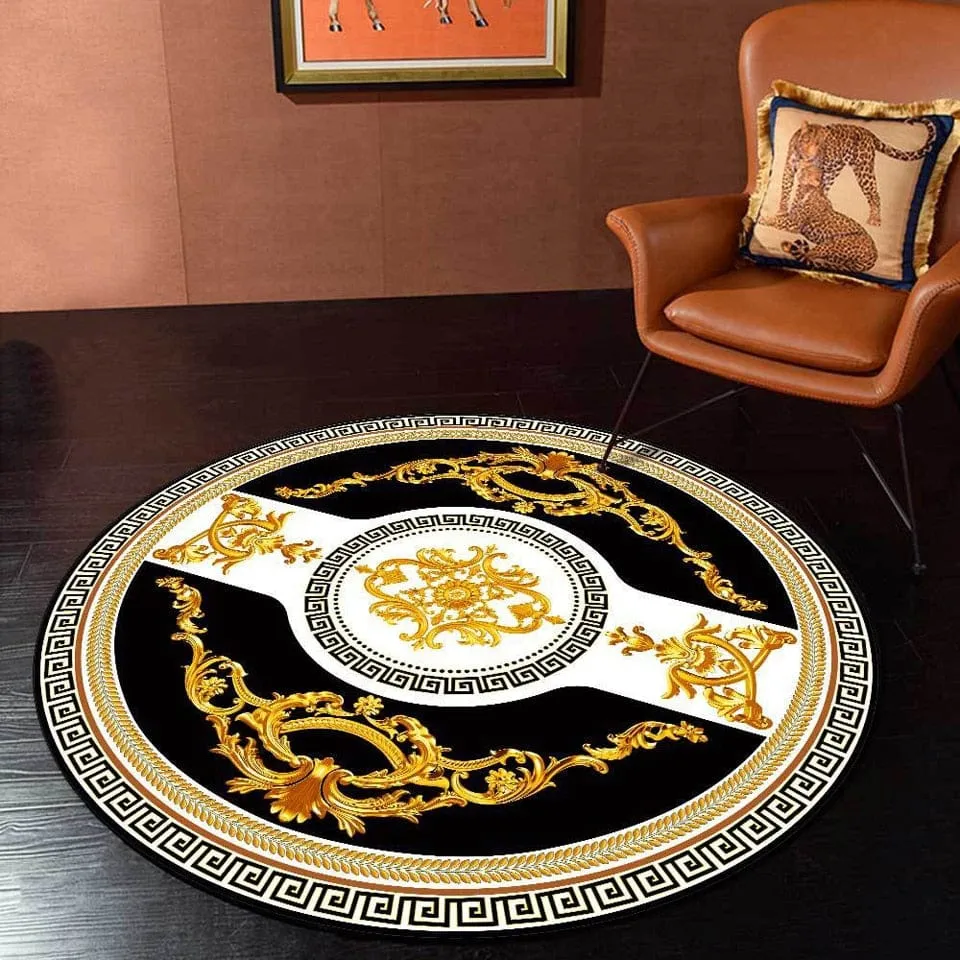 Versace Style Black White and Gold Luxury Non-Slip Round  Rug Carpet