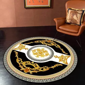 Versace Style Black White and Gold Luxury Non-Slip Round  Rug Carpet