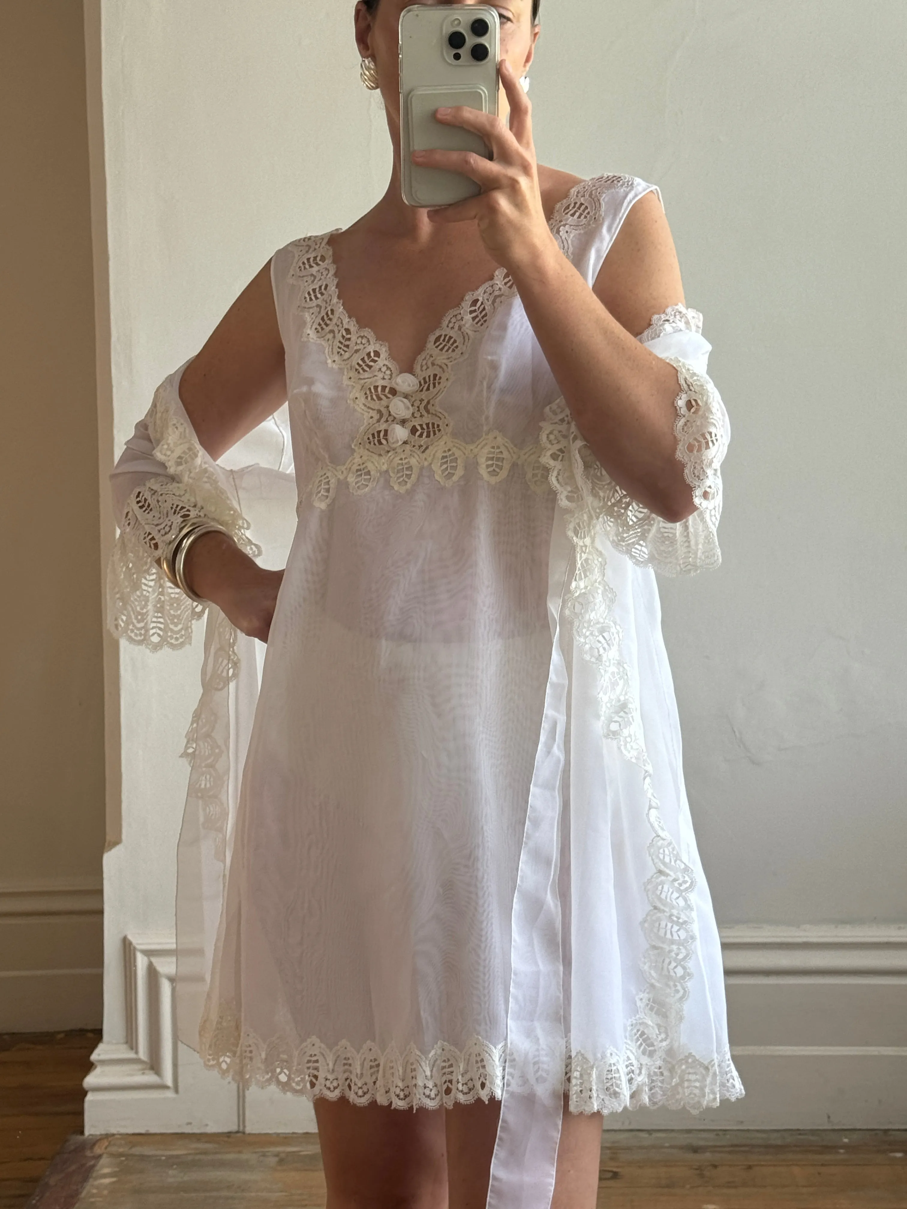 Vintage 60s Babydoll Peignoir Bridal Set Ivory