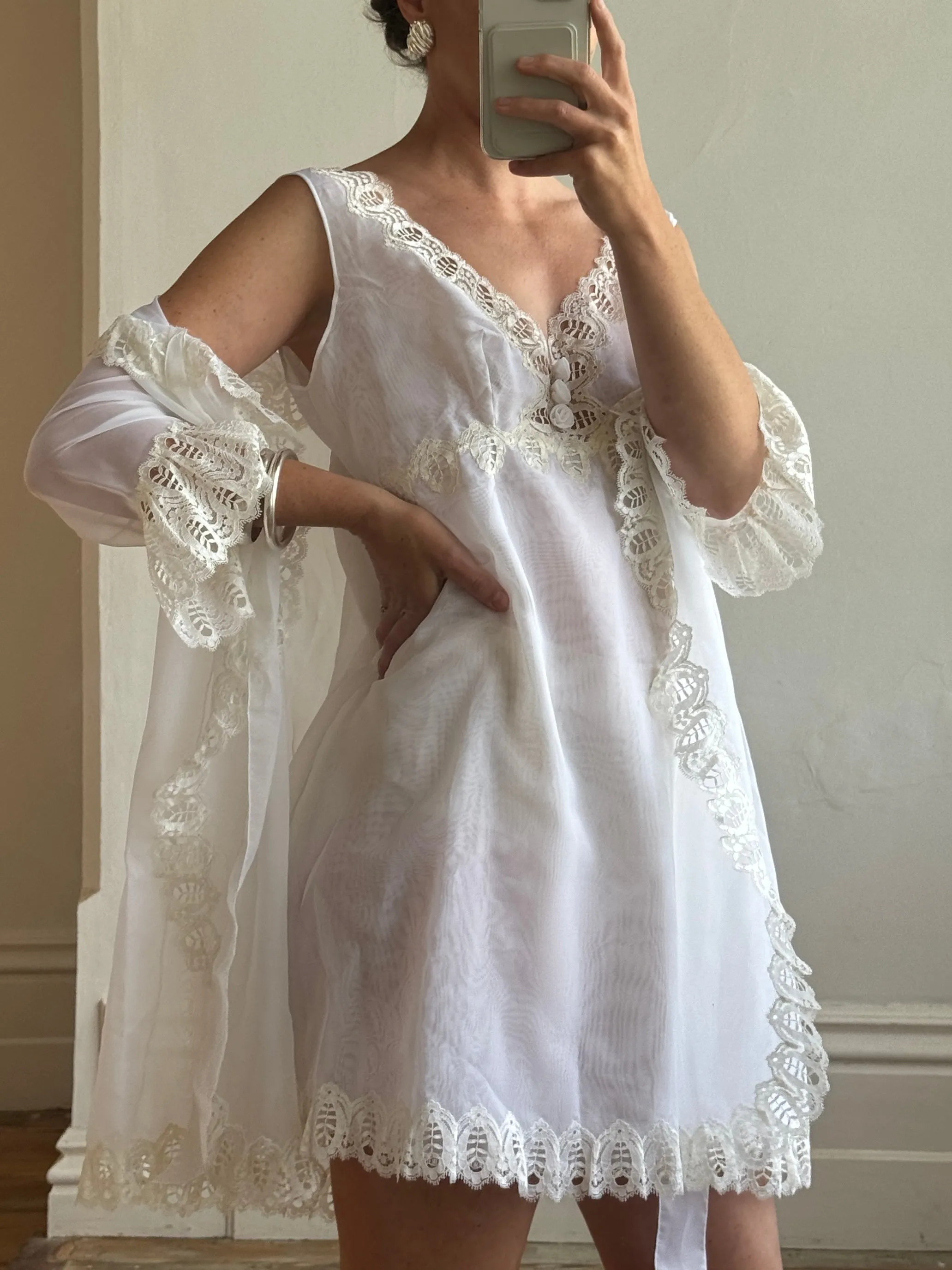 Vintage 60s Babydoll Peignoir Bridal Set Ivory