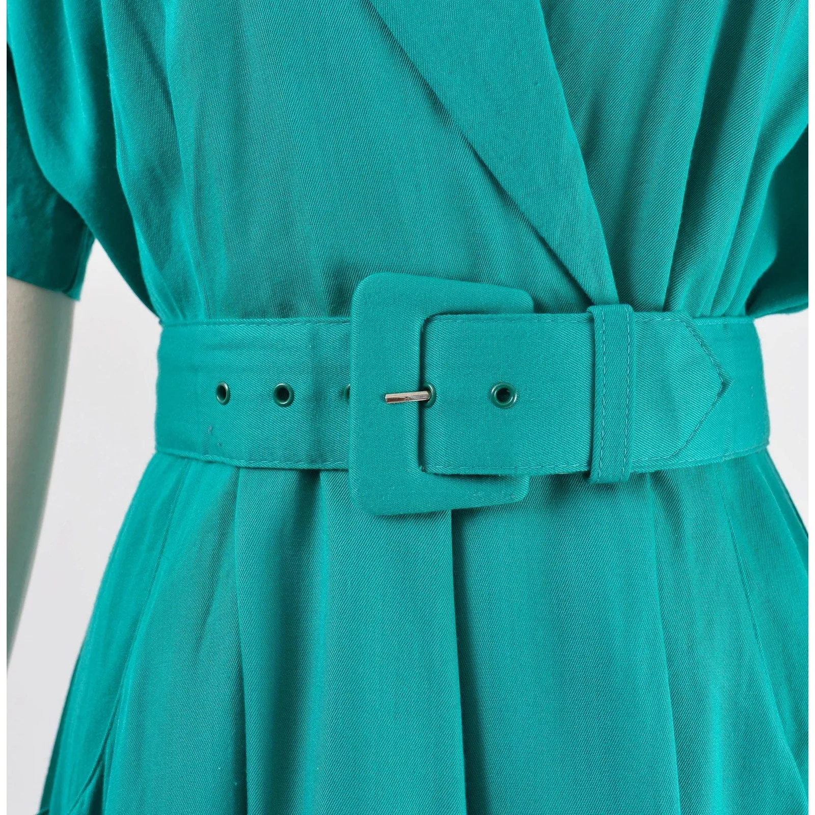 Vintage 80s Teal Green Collared Full Skirt Midi Shift Dress Pockets and Belt size Small
