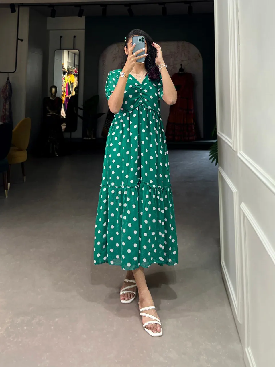 Vintage Green Polka Dot Georgette Long Frock