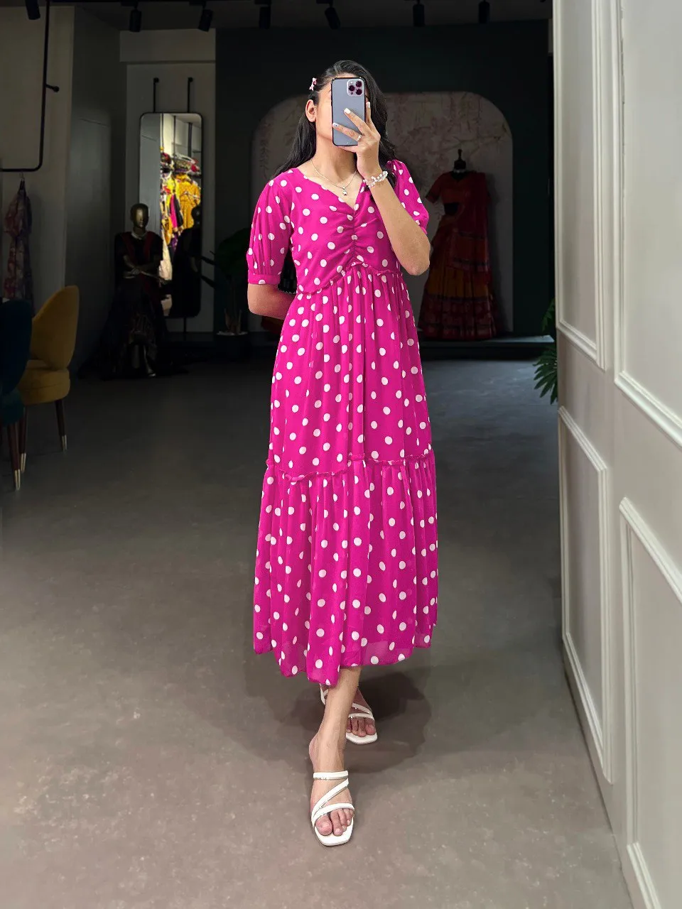 Vintage Pink Polka Dot Georgette Long Frock