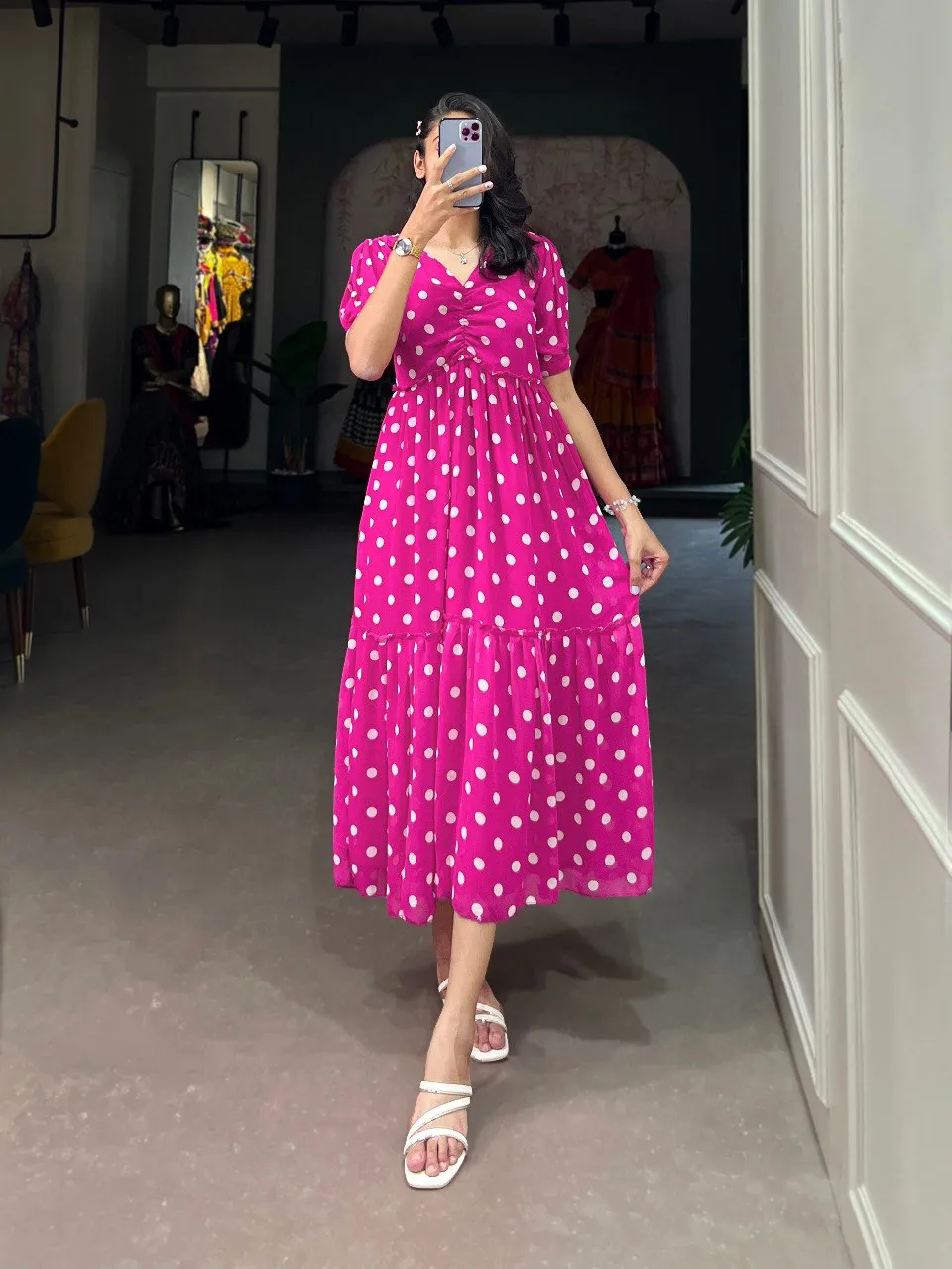 Vintage Pink Polka Dot Georgette Long Frock