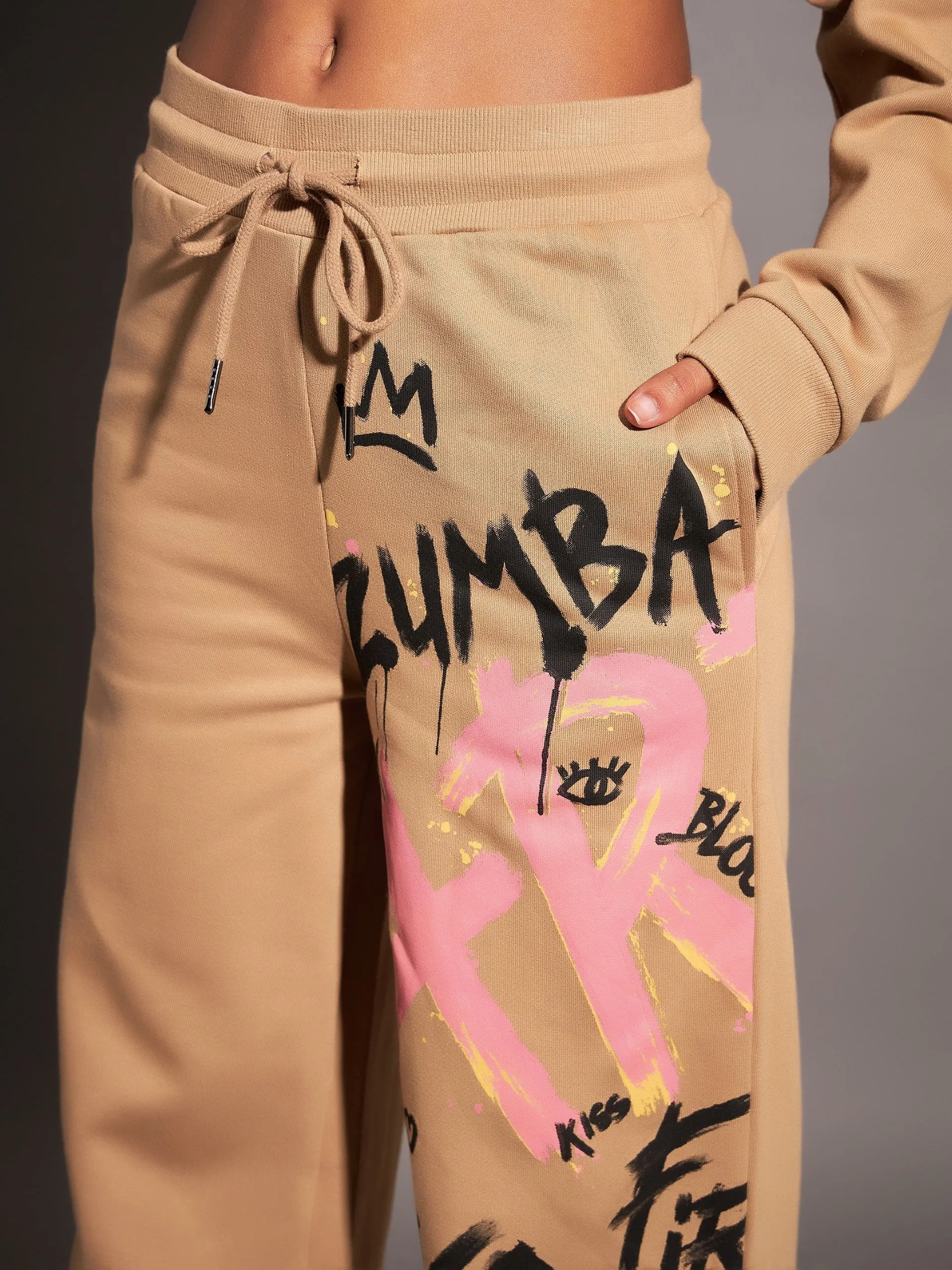 Women Beige Fleece ART Wide Leg Track Pants