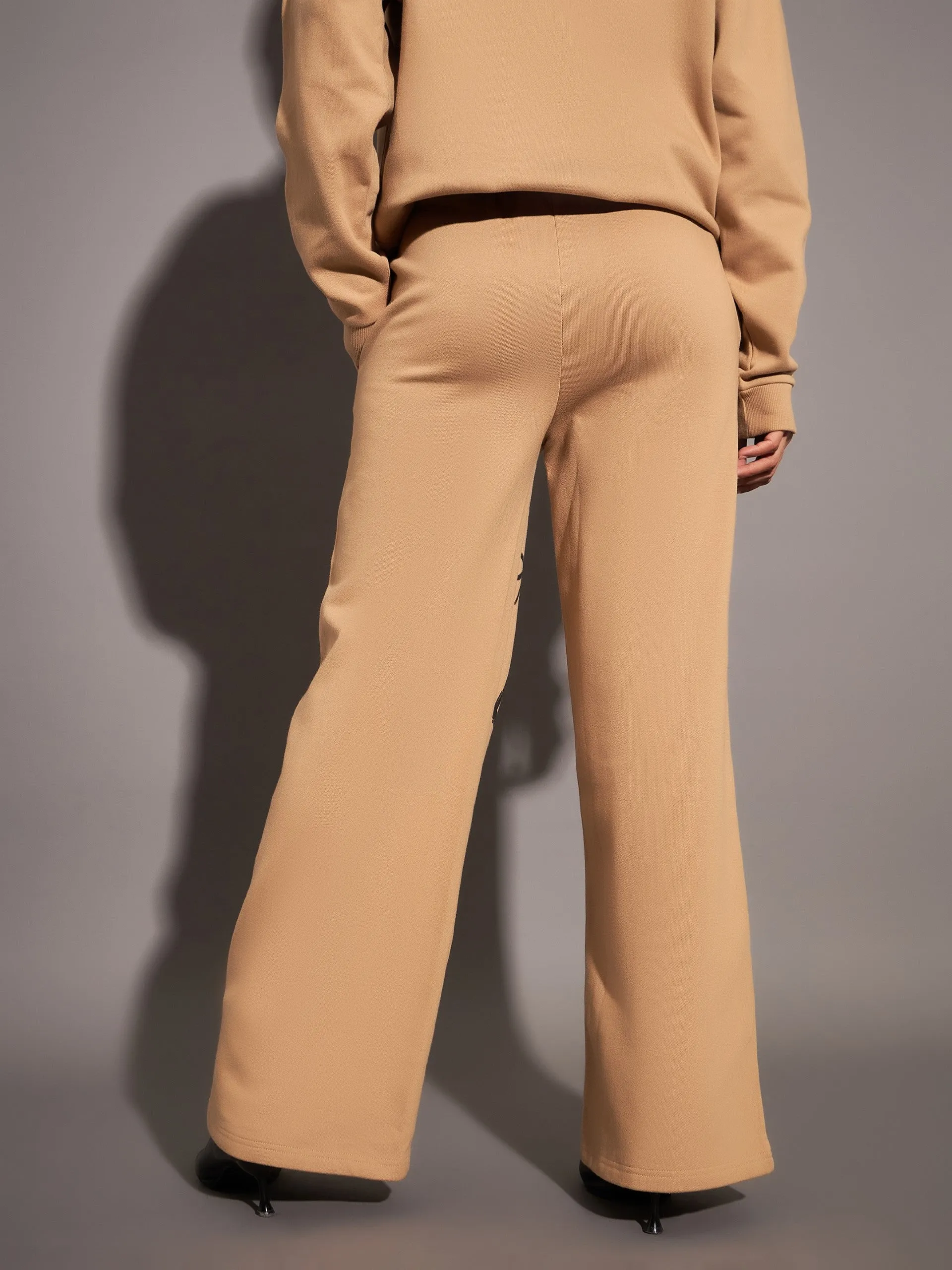 Women Beige Fleece ART Wide Leg Track Pants