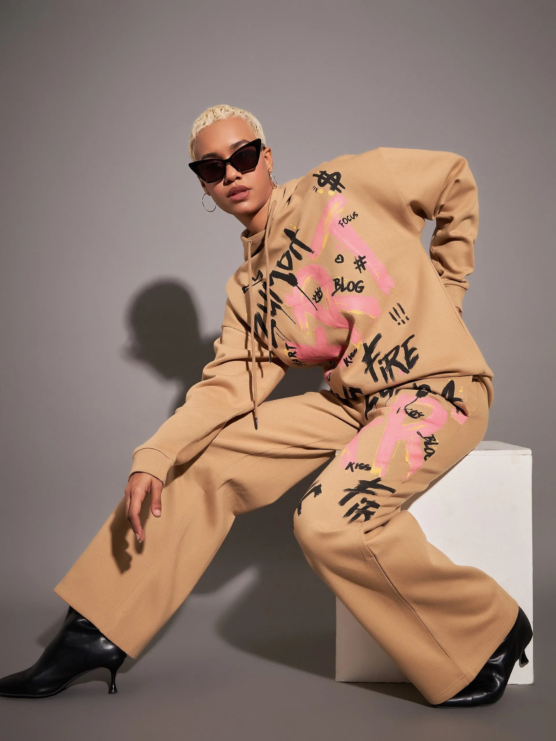 Women Beige Fleece ART Wide Leg Track Pants