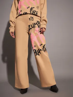 Women Beige Fleece ART Wide Leg Track Pants