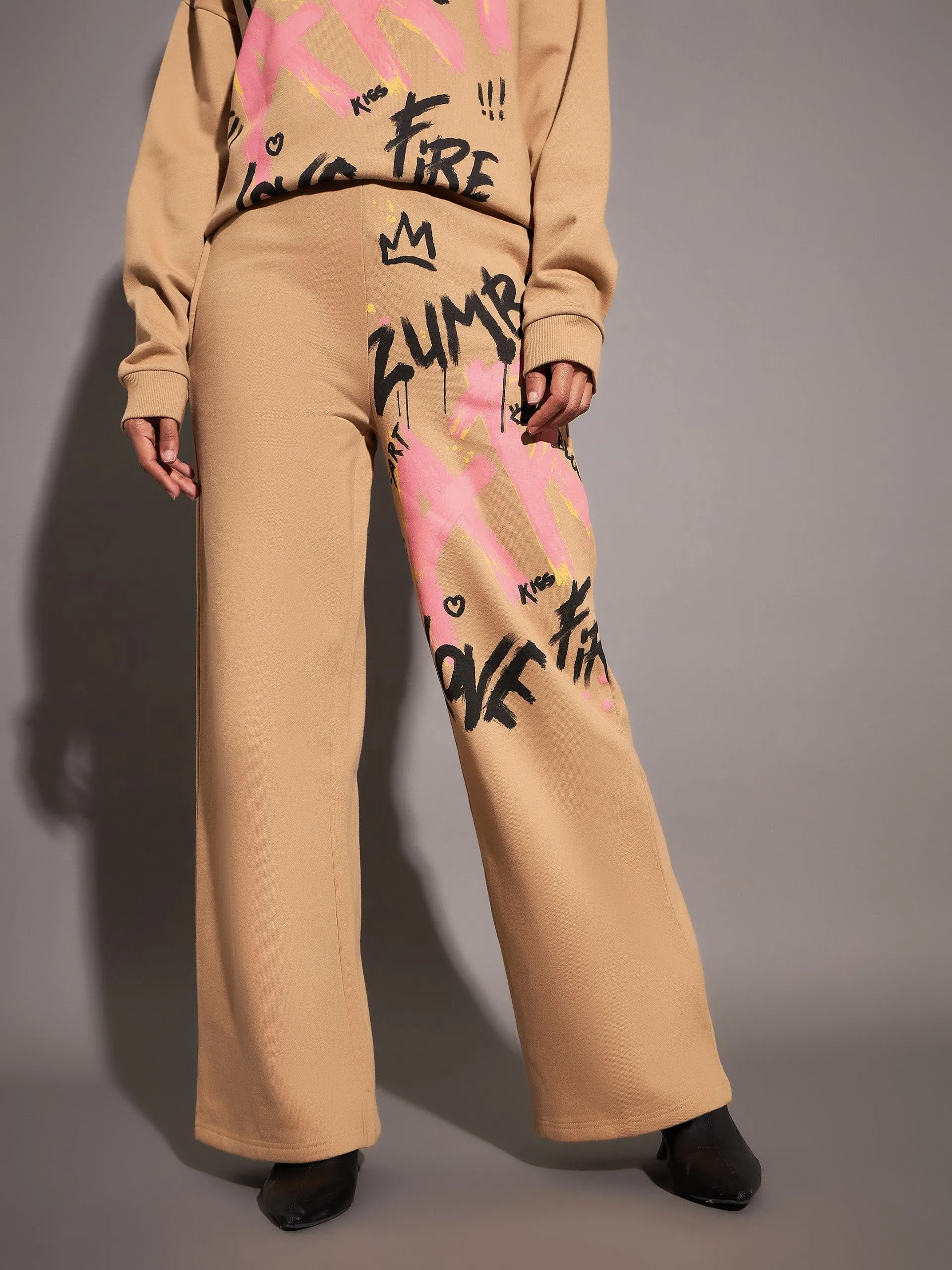 Women Beige Fleece ART Wide Leg Track Pants