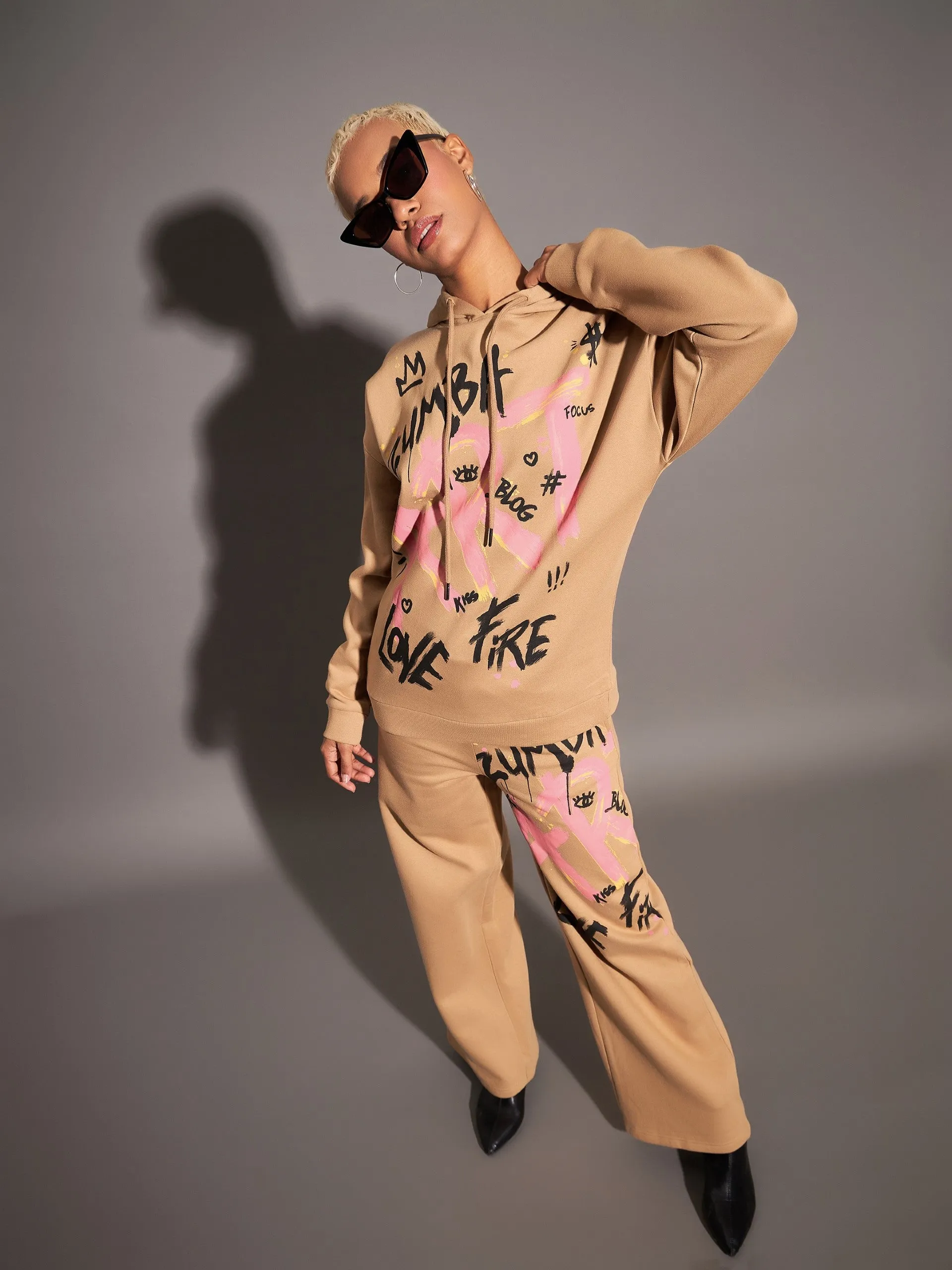 Women Beige Fleece ART Wide Leg Track Pants