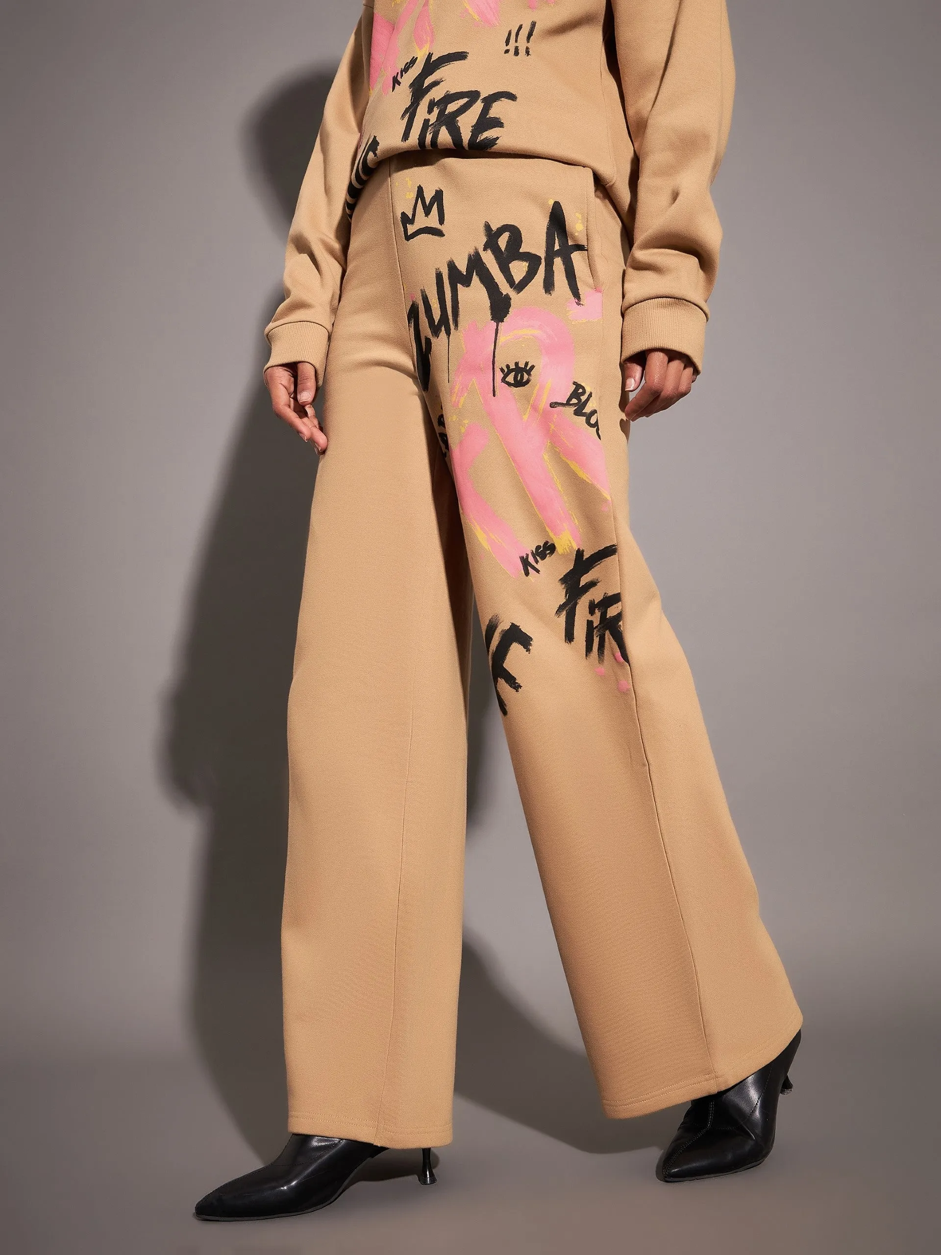 Women Beige Fleece ART Wide Leg Track Pants