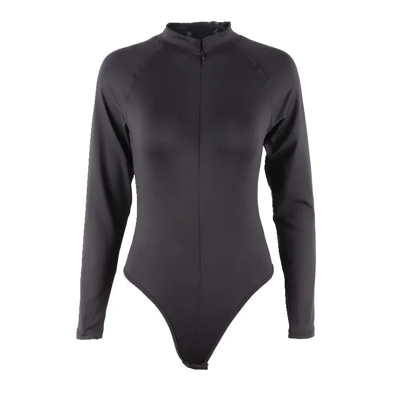 Women Black O-neck Long Sleeve Solid Sexy Zipper White Bodysuit