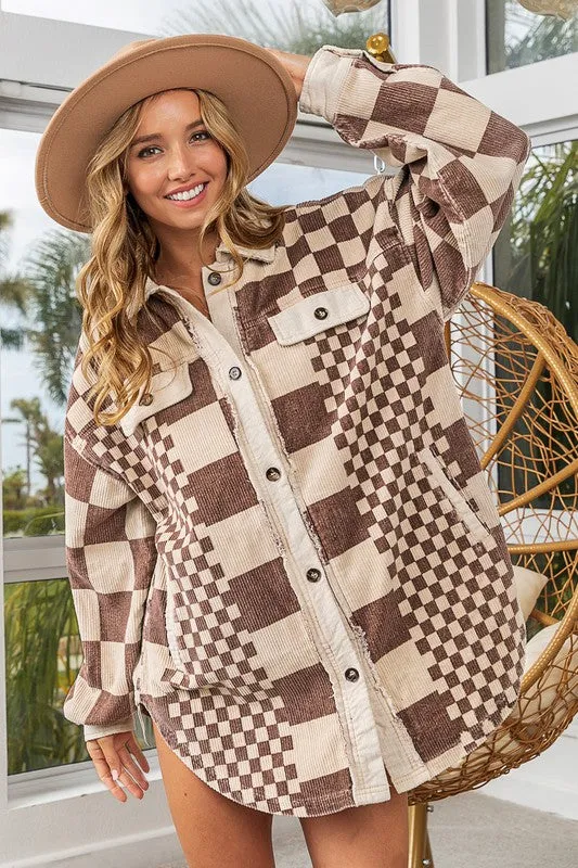 Women Checkered Button Down Corduroy Shacket