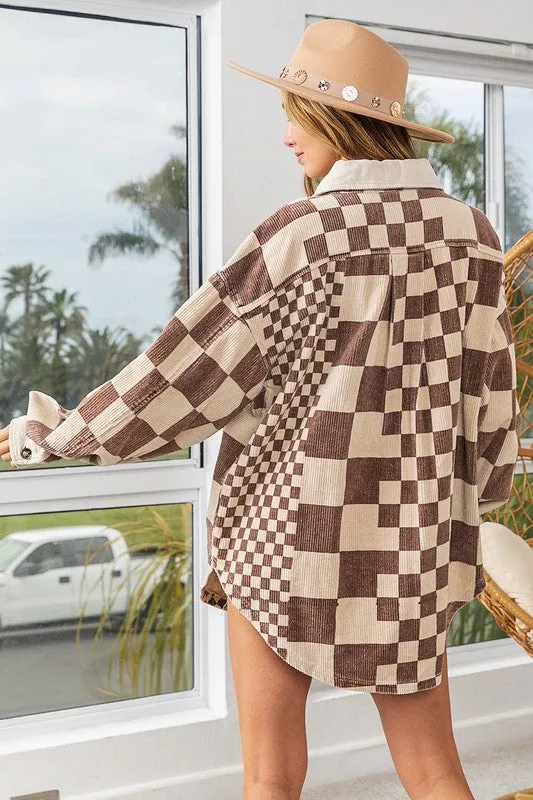 Women Checkered Button Down Corduroy Shacket