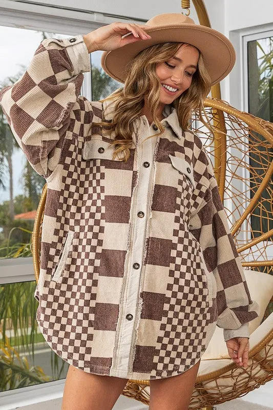 Women Checkered Button Down Corduroy Shacket