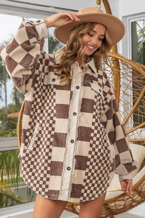 Women Checkered Button Down Corduroy Shacket