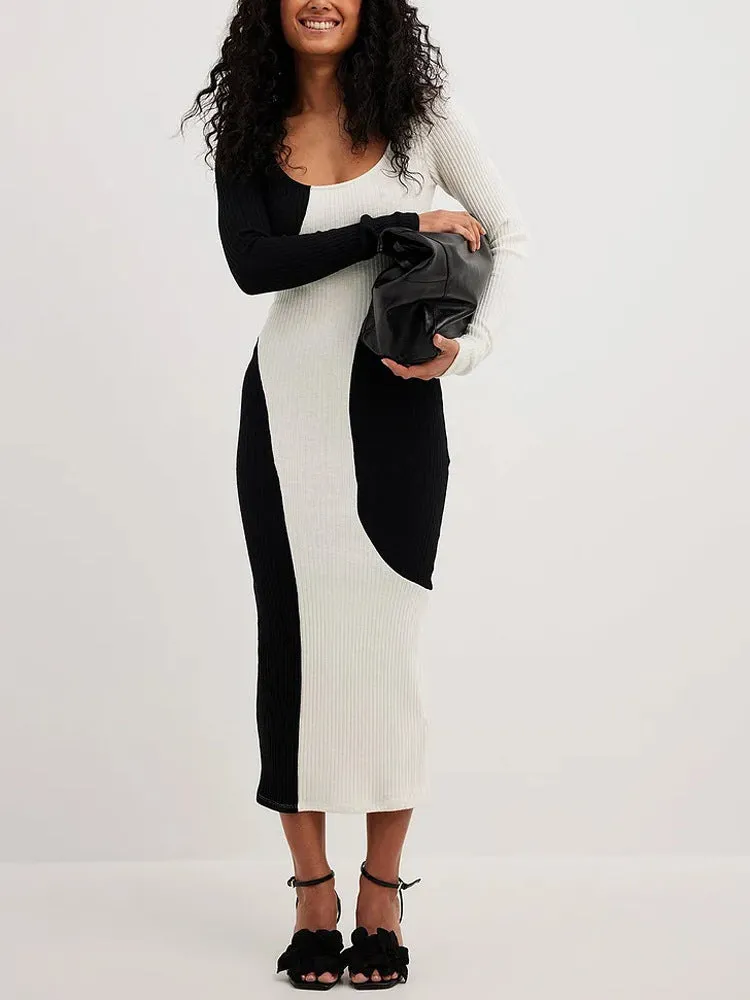 Women Knitted Black White Long Sleeve Sweater Dress