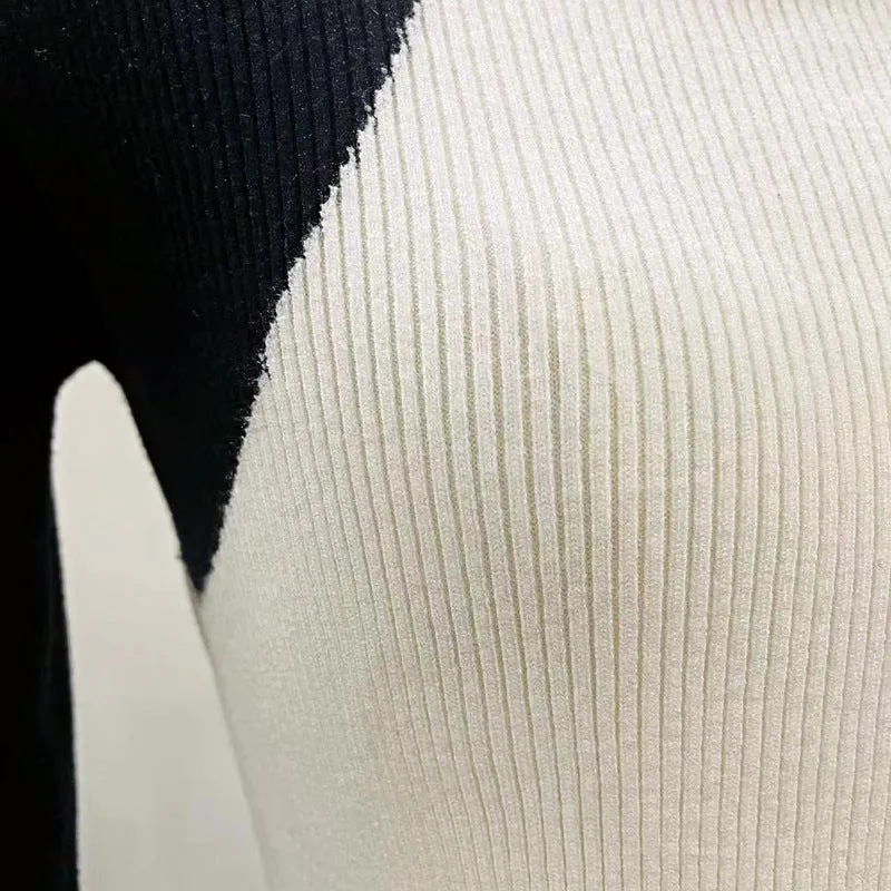 Women Knitted Black White Long Sleeve Sweater Dress