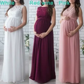 Women Pregnancy Sexy Long Dress Lace Chiffon O-Neck