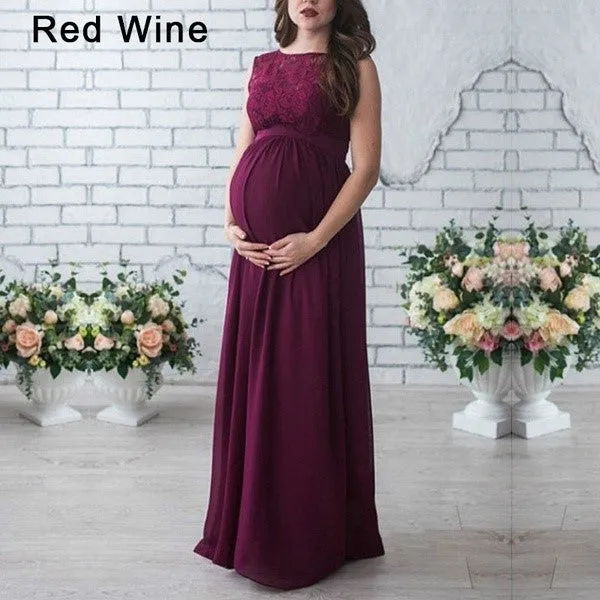 Women Pregnancy Sexy Long Dress Lace Chiffon O-Neck