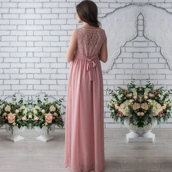 Women Pregnancy Sexy Long Dress Lace Chiffon O-Neck