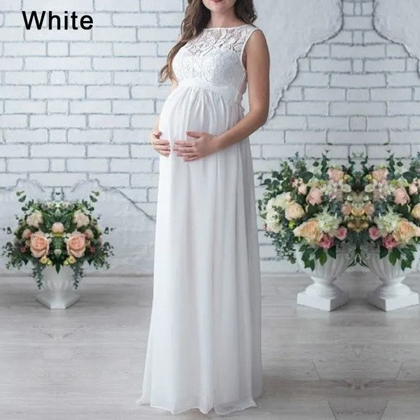Women Pregnancy Sexy Long Dress Lace Chiffon O-Neck