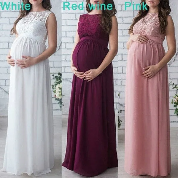 Women Pregnancy Sexy Long Dress Lace Chiffon O-Neck