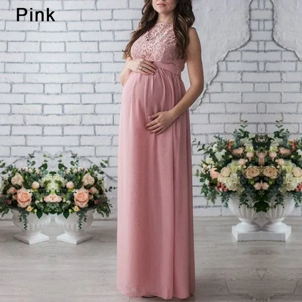 Women Pregnancy Sexy Long Dress Lace Chiffon O-Neck