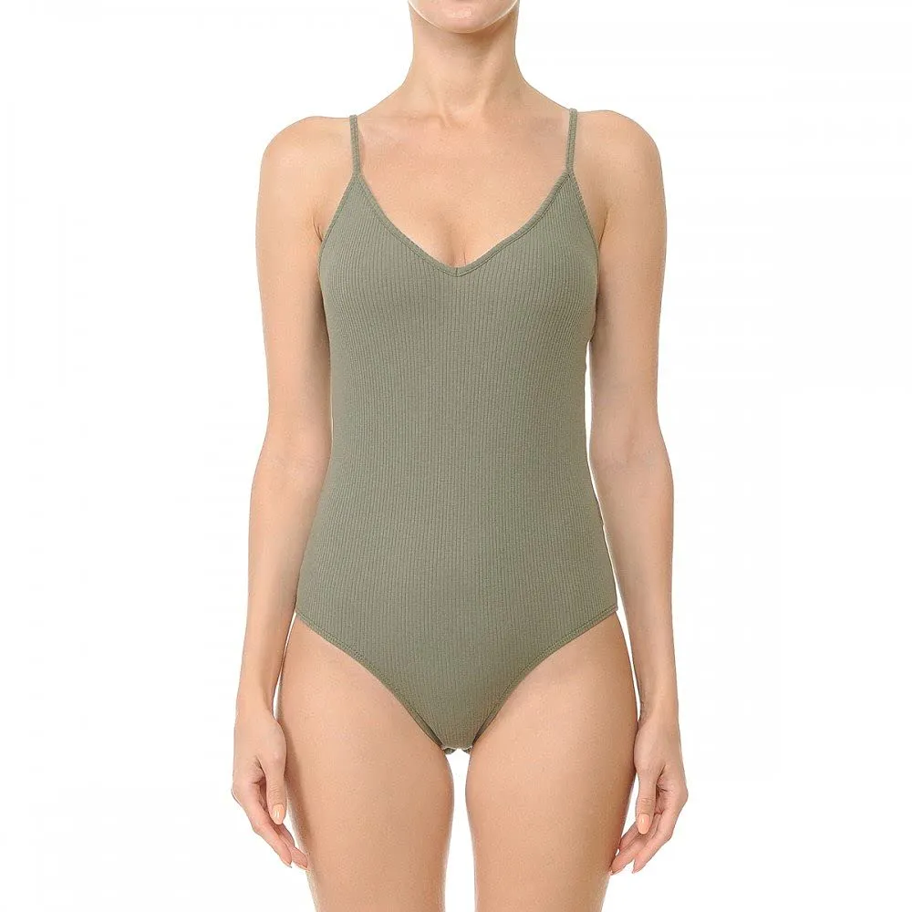 Womens-V Neck Ribbed Cami Spaghetti Strap Body Suit