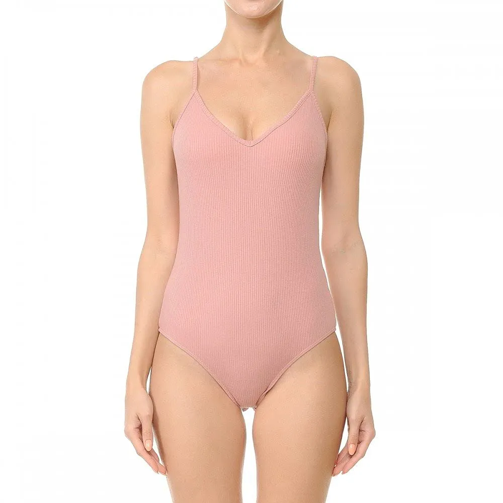 Womens-V Neck Ribbed Cami Spaghetti Strap Body Suit