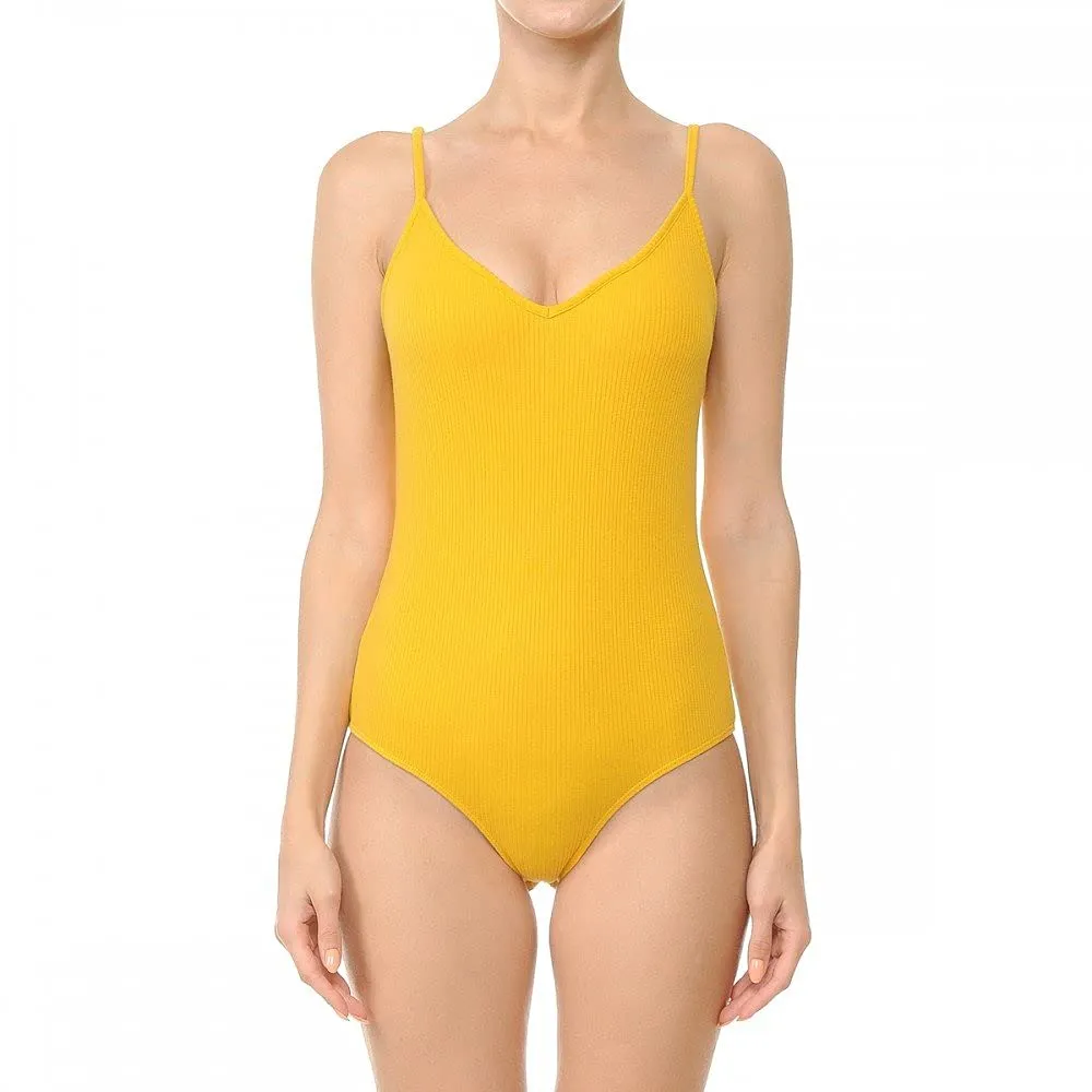 Womens-V Neck Ribbed Cami Spaghetti Strap Body Suit